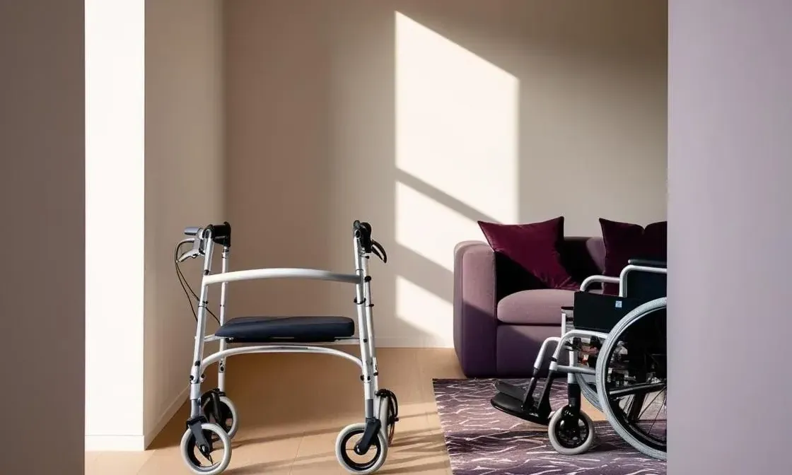 Walker and wheelchair in sunlit room with purple armchair, showcasing essential mobility equipment for home care.